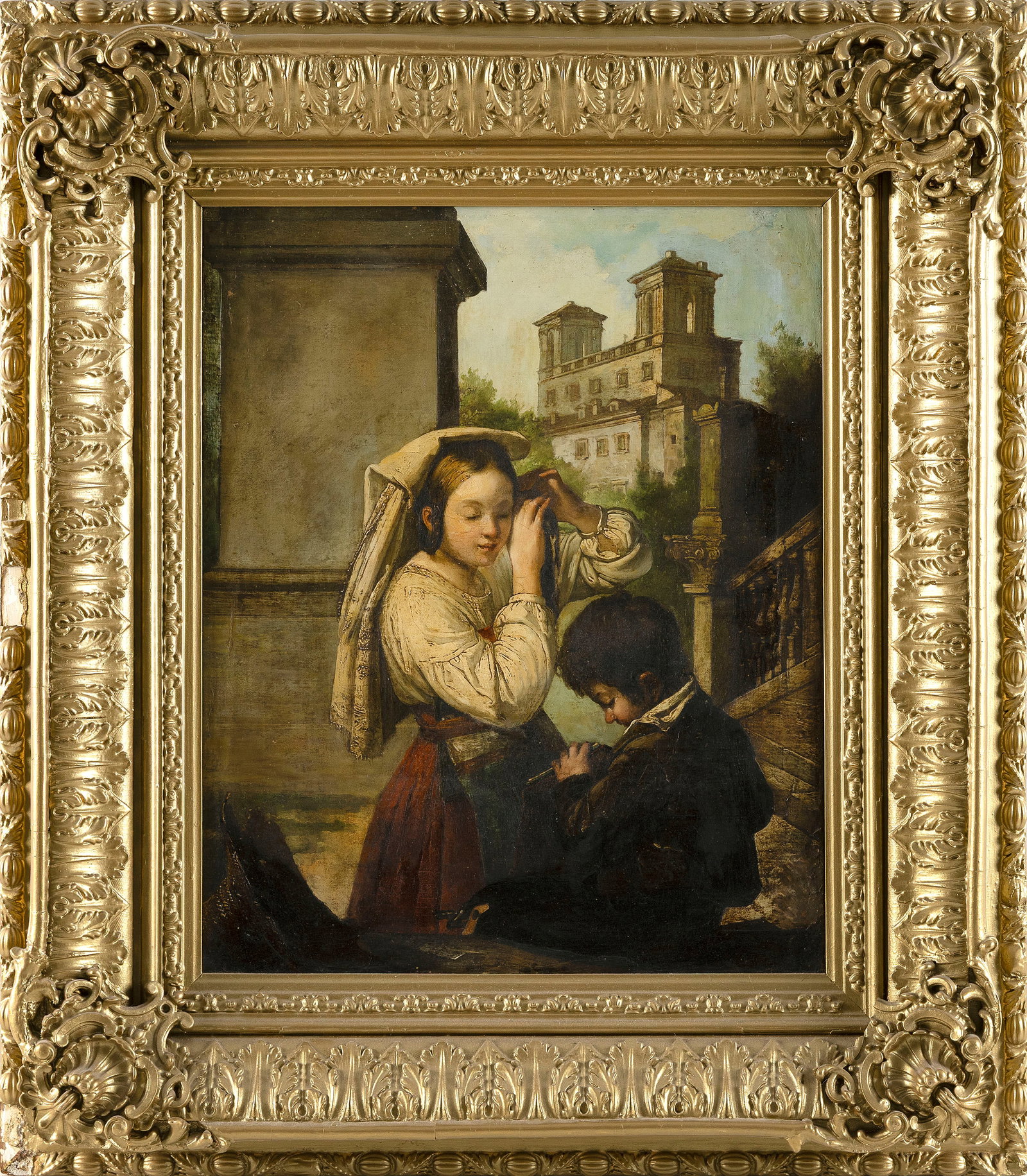 EUGENIO AGNENI (Italy, 1819-1888), Young woman and a boy examining a handbag., Oil on canvas,18.5" x: EUGENIO AGNENI Italy, 1819-1888 Young woman and a boy examining a handbag. Signed verso. Oil on canvas,18.5" x 14.5". Framed 26.5" x 23.5".