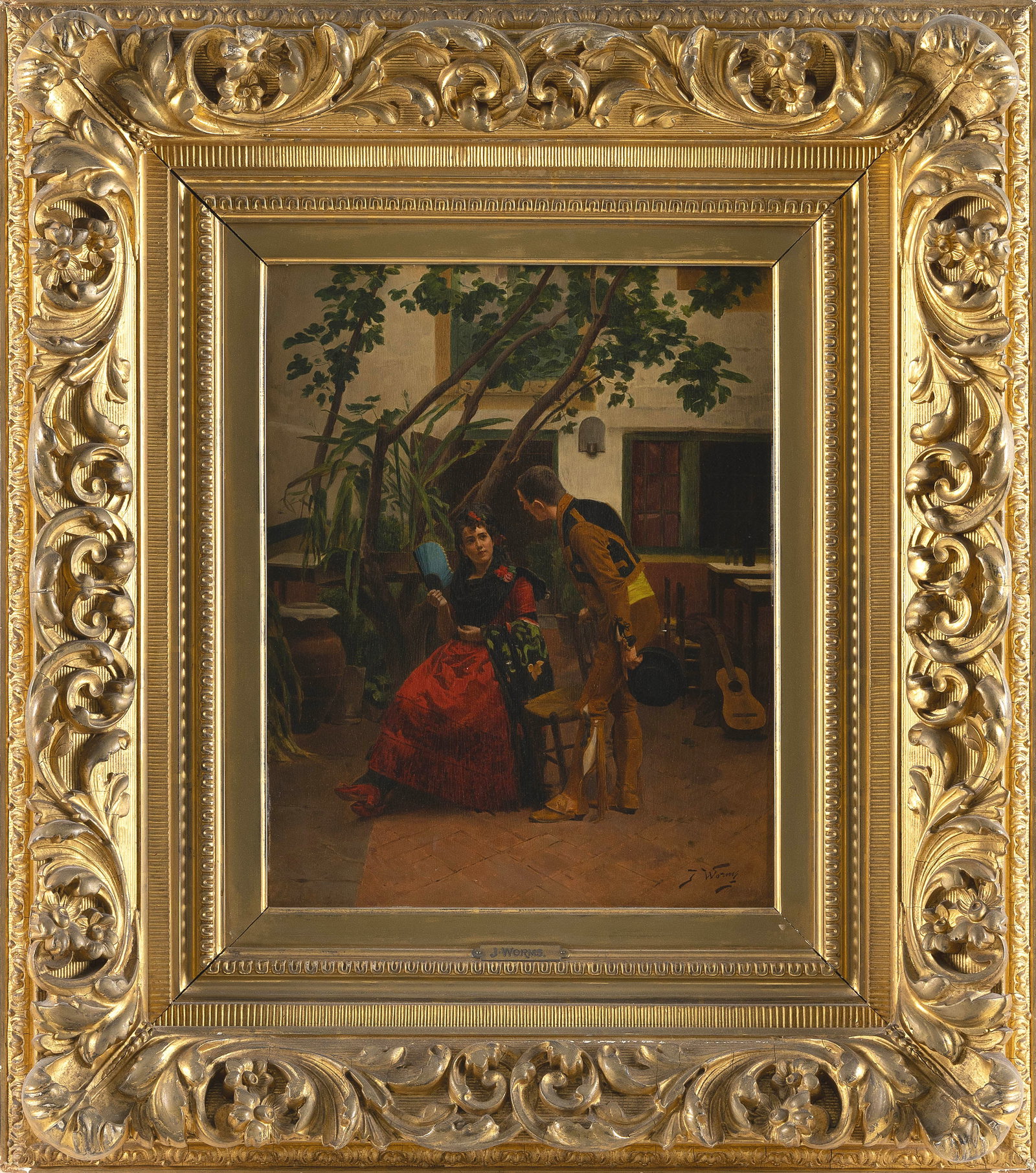 JULES WORMS (France/Spain, 1832-1924), A couple's conversation., Oil on panel, 16" x 13". Framed. (1 of 2)