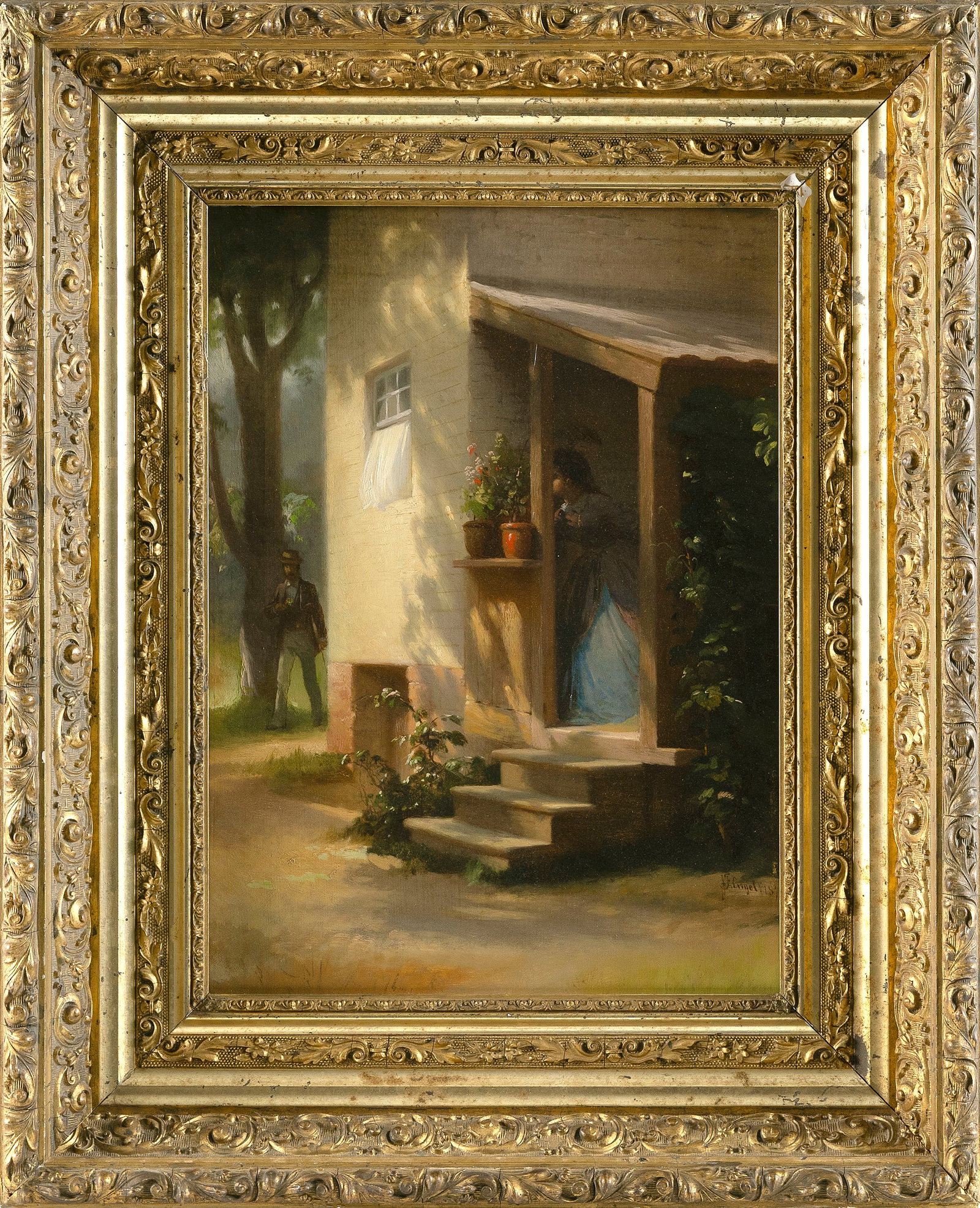 JOHANN FRIEDRICH ENGEL (Germany, 1844-1921), A suitor approaches a doorway., Oil on canvas, 17" x (1 of 2)