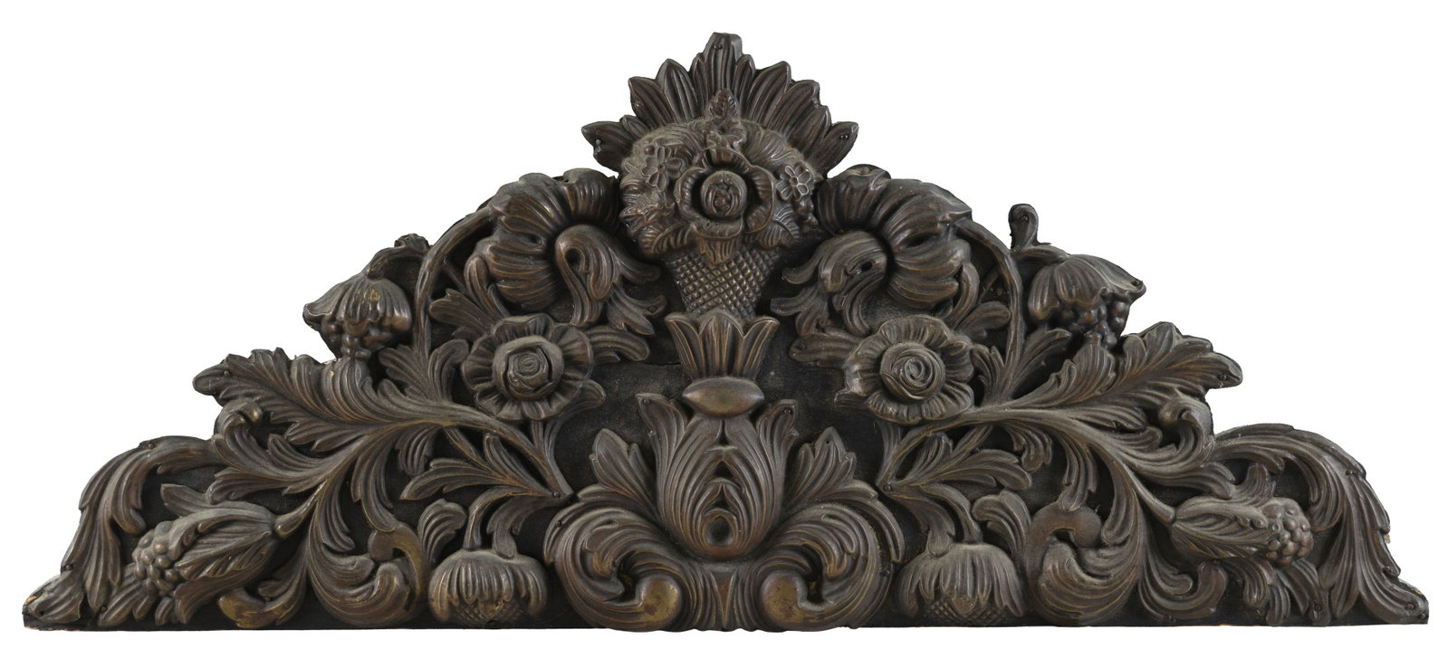 ROCOCO PATINATED METAL ARCHITECTURAL ORNAMENT Late 19th/Early 20th Century Height 13". Length 30".: ROCOCO PATINATED METAL ARCHITECTURAL ORNAMENT Late 19th/Early 20th Century Cornucopia surrounded by flower heads and scrolling acanthus leaves. Backed by board. Height 13". Length 30".