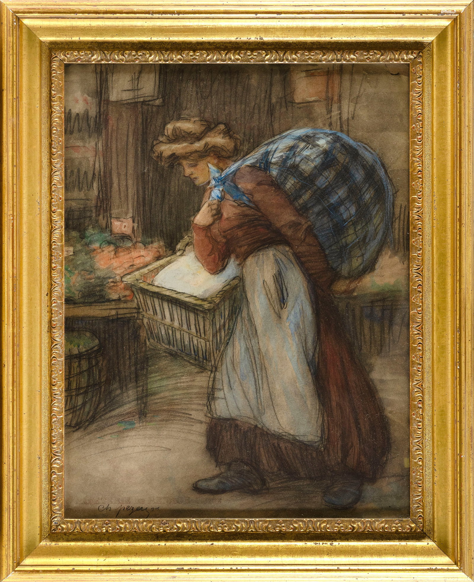 CHARLES PEZEU (France, 1875-circa 1905), Wash day., Pastel, 24.5" x 18" sight. Framed 32" x 25".: CHARLES PEZEU France, 1875-circa 1905 Wash day. Signed lower left "Ch. Pezeu". Pastel, 24.5" x 18" sight. Framed 32" x 25".
