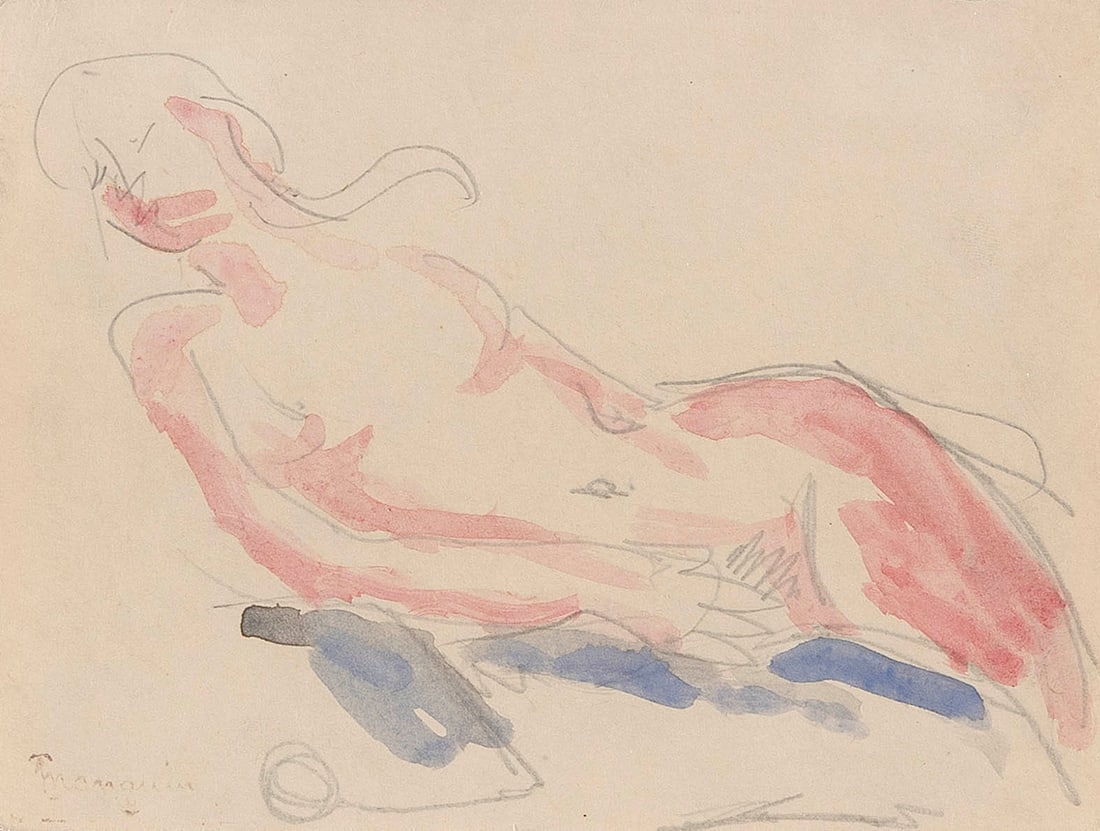 HENRI MANGUIN (France, 1874-1949), Nude in repose., Pencil and watercolor on cream wove paper, sheet: HENRI MANGUIN France, 1874-1949 Nude in repose. Signed lower left "Manguin". Pencil and watercolor on cream wove paper, sheet 6" x 8". Framed 14.25" x 15.5".