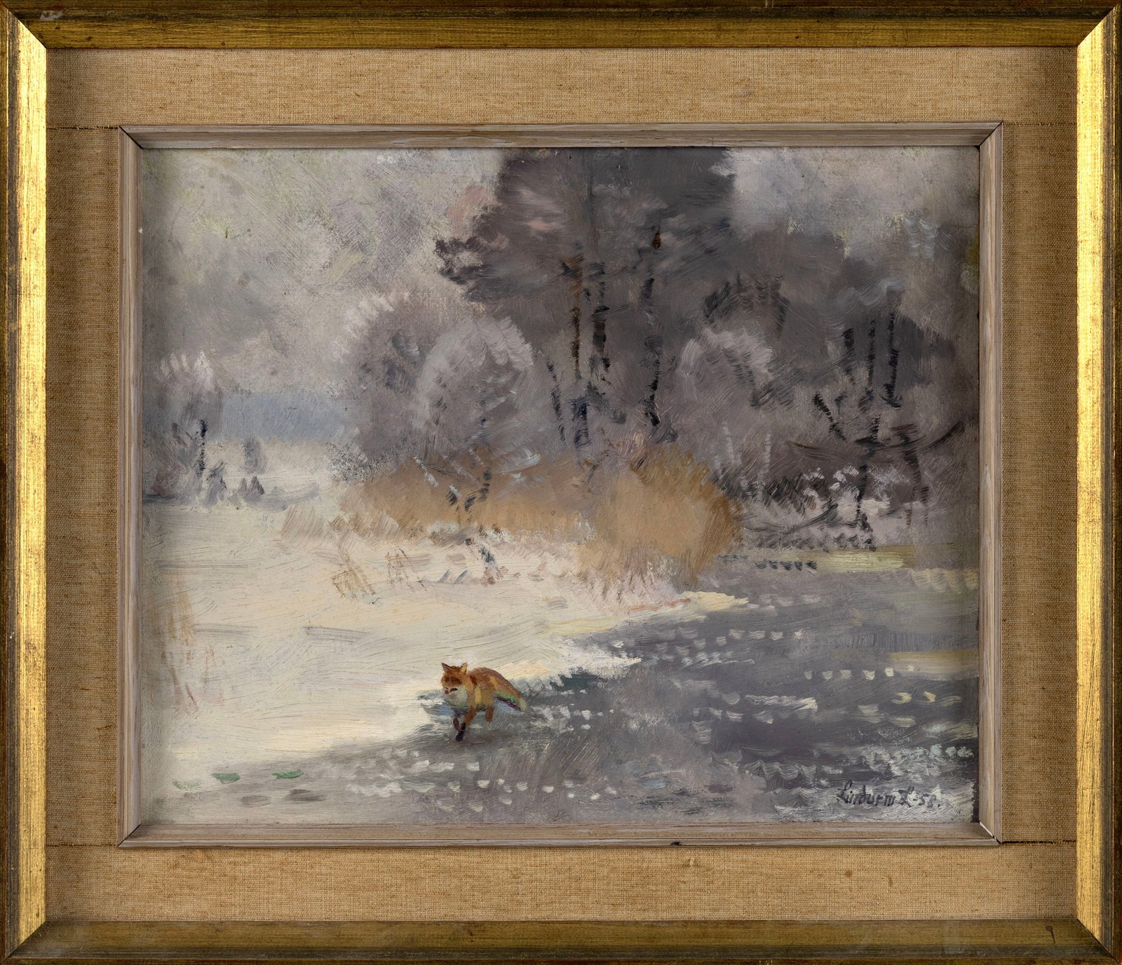 MANNER OF BRUNO LILEFORS (Sweden, Mid-20th Century), Fox in a winter landscape., Oil on board, 13" x: MANNER OF BRUNO LILEFORS Sweden, Mid-20th Century Fox in a winter landscape. Signed and dated lower right "Lindurm [...] '58". Stamped verso for art supplier Fritzes, Stockholm. Label verso for Becker