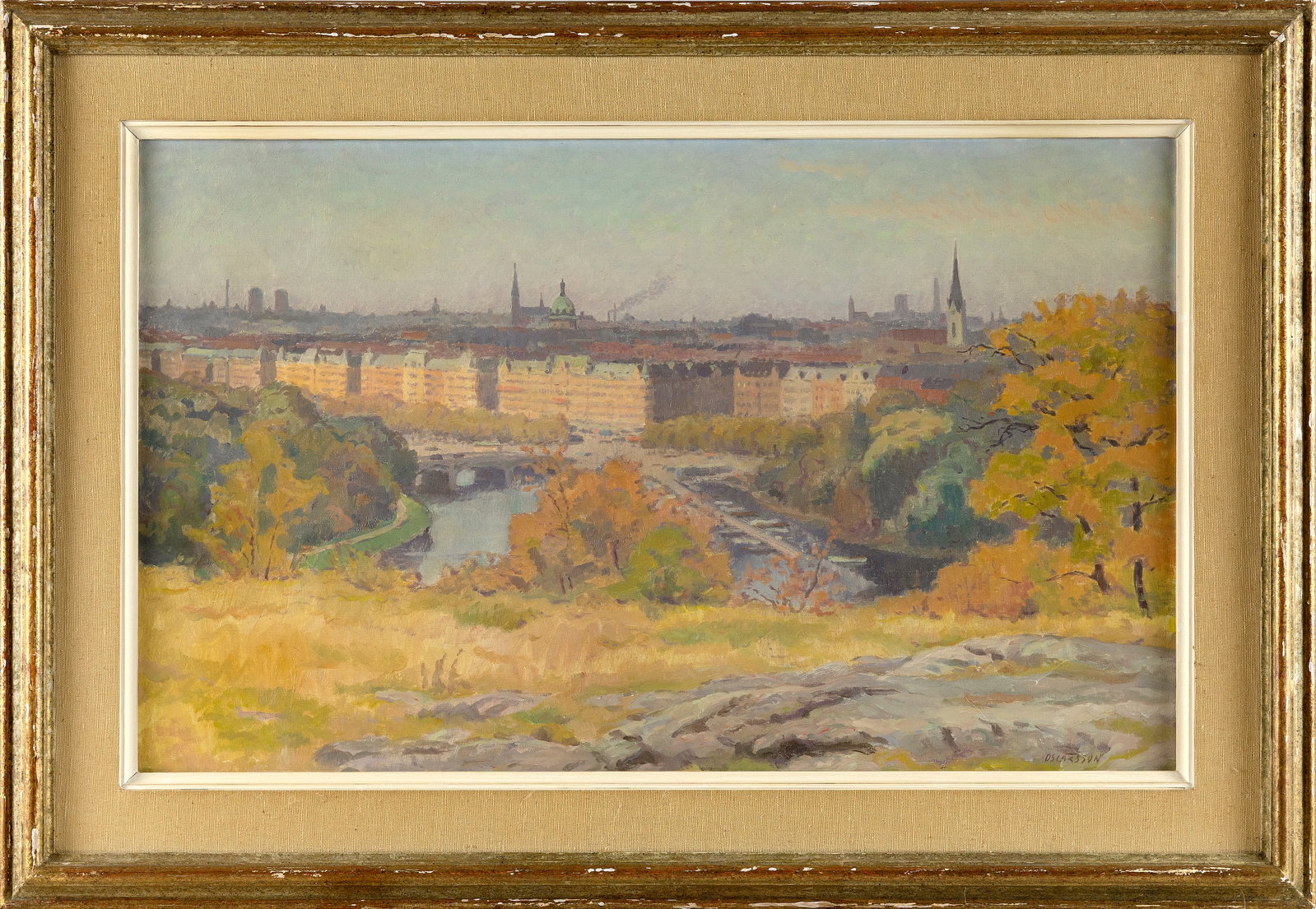 BERNHARD OSCARSSON (Sweden, 1894-1971), Bird's-eye view of Stockholm., Oil on canvas, 16" x 25.5".: BERNHARD OSCARSSON Sweden, 1894-1971 Bird's-eye view of Stockholm. Signed lower right "Oscarsson". Oil on canvas, 16" x 25.5". Framed 22" x 32".