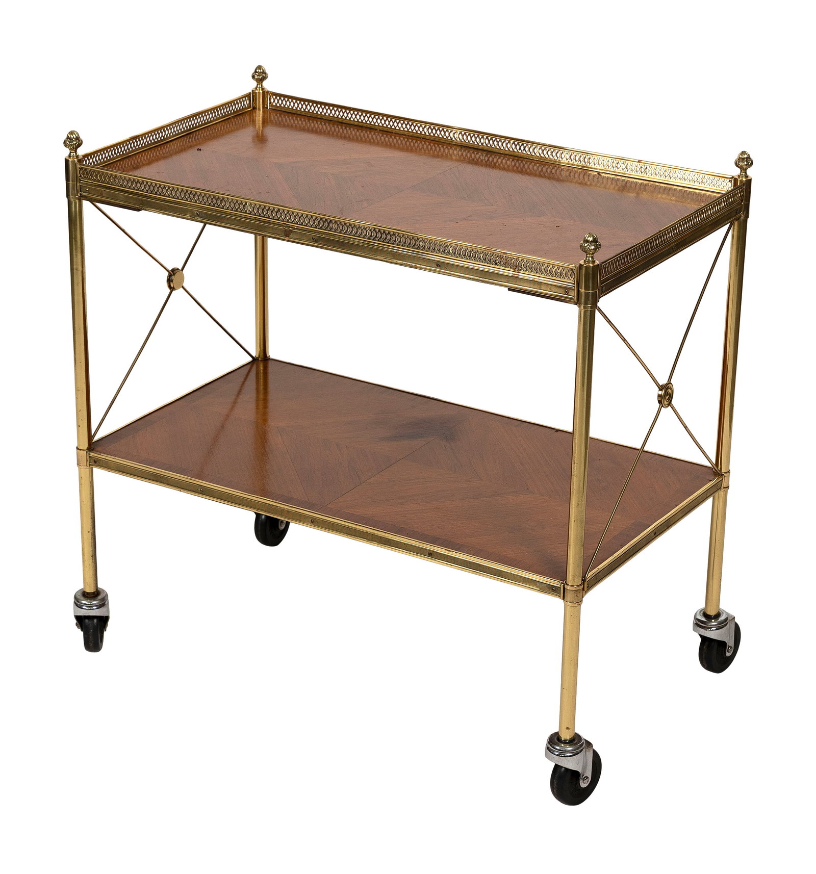 MAISON JANSEN-STYLE BRASS TWO-TIER BAR CART Mid-20th Century Height 28". Top 28" x 16". (1 of 1)