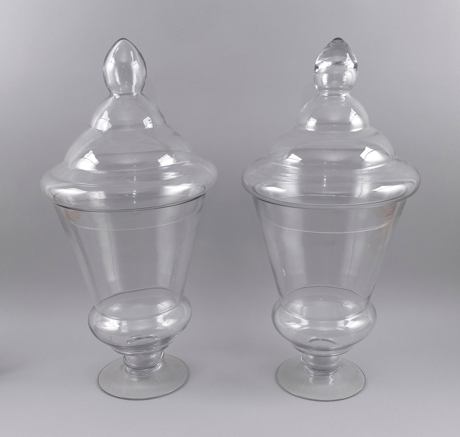 PAIR OF LARGE GLASS APOTHECARY JARS WITH COVERS 20th Century Heights 24". (1 of 3)