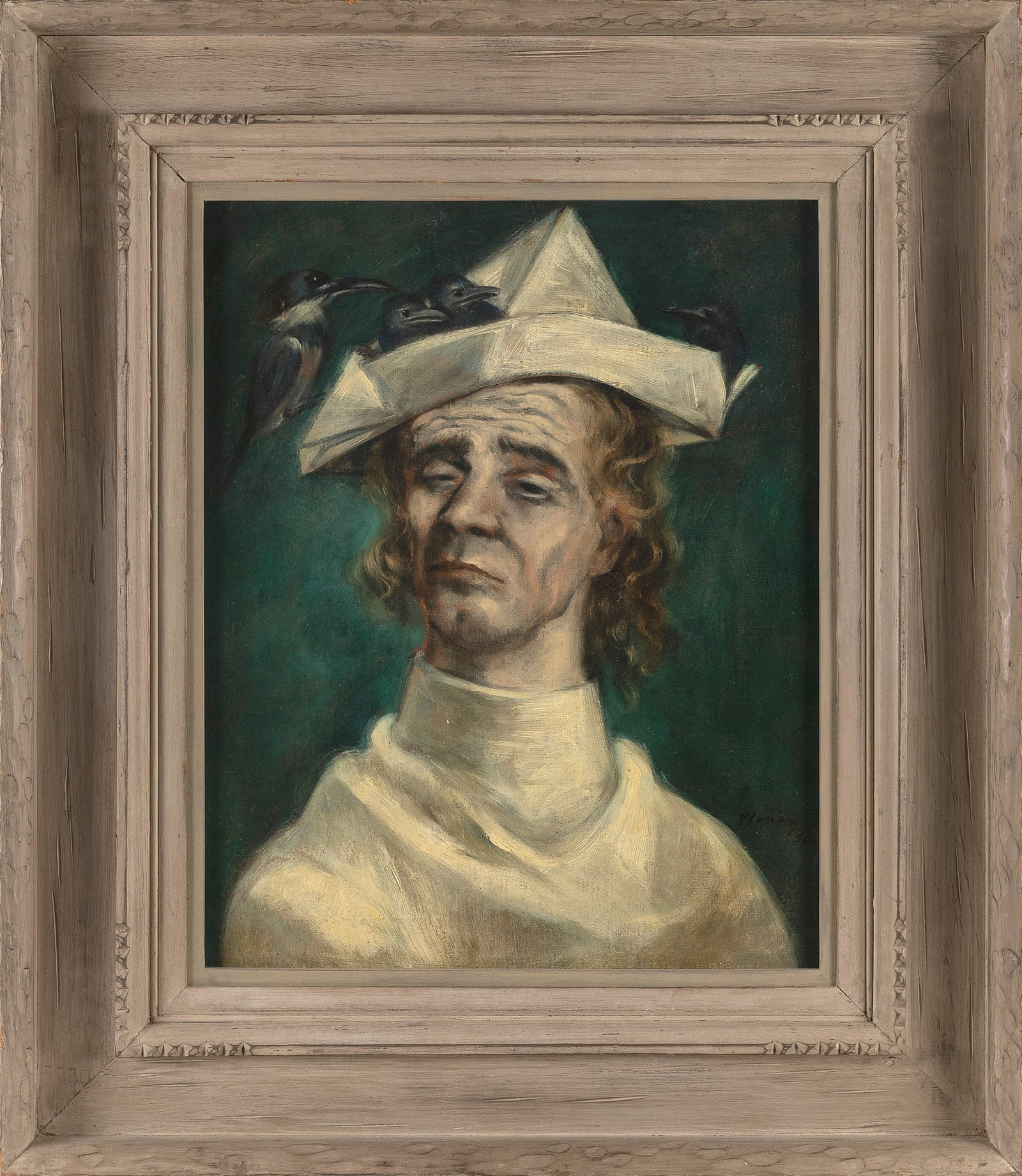 MARCEL RONAY (Germany, 1910-1998), Portrait of a man with birds perched on his hat., Oil on canvas,: MARCEL RONAY Germany, 1910-1998 Portrait of a man with birds perched on his hat. Signed and dated lower right "Ronay 50". Oil on canvas, 20" x 16". Framed 29" x 25".