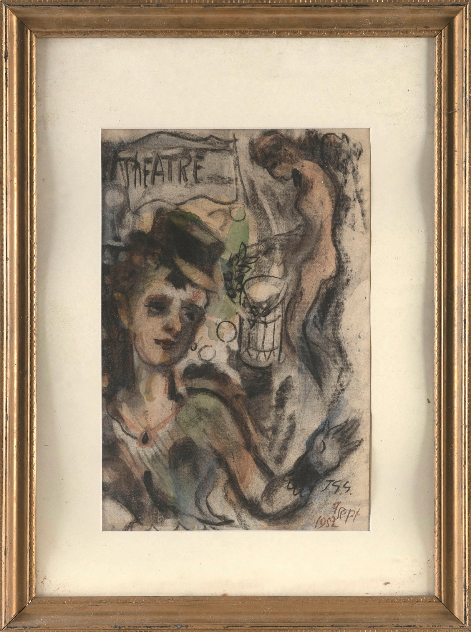 CONTINENTAL SCHOOL (Mid-20th Century,), "Theatre"., Mixed media on paper, 17" x 11". Framed 26.5" x: CONTINENTAL SCHOOL Mid-20th Century "Theatre". Signed and dated lower right "J.S.S. 9 Sept 1952". Titled within image. Mixed media on paper, 17" x 11". Framed 26.5" x 19.5". Provenance: The Estate of 