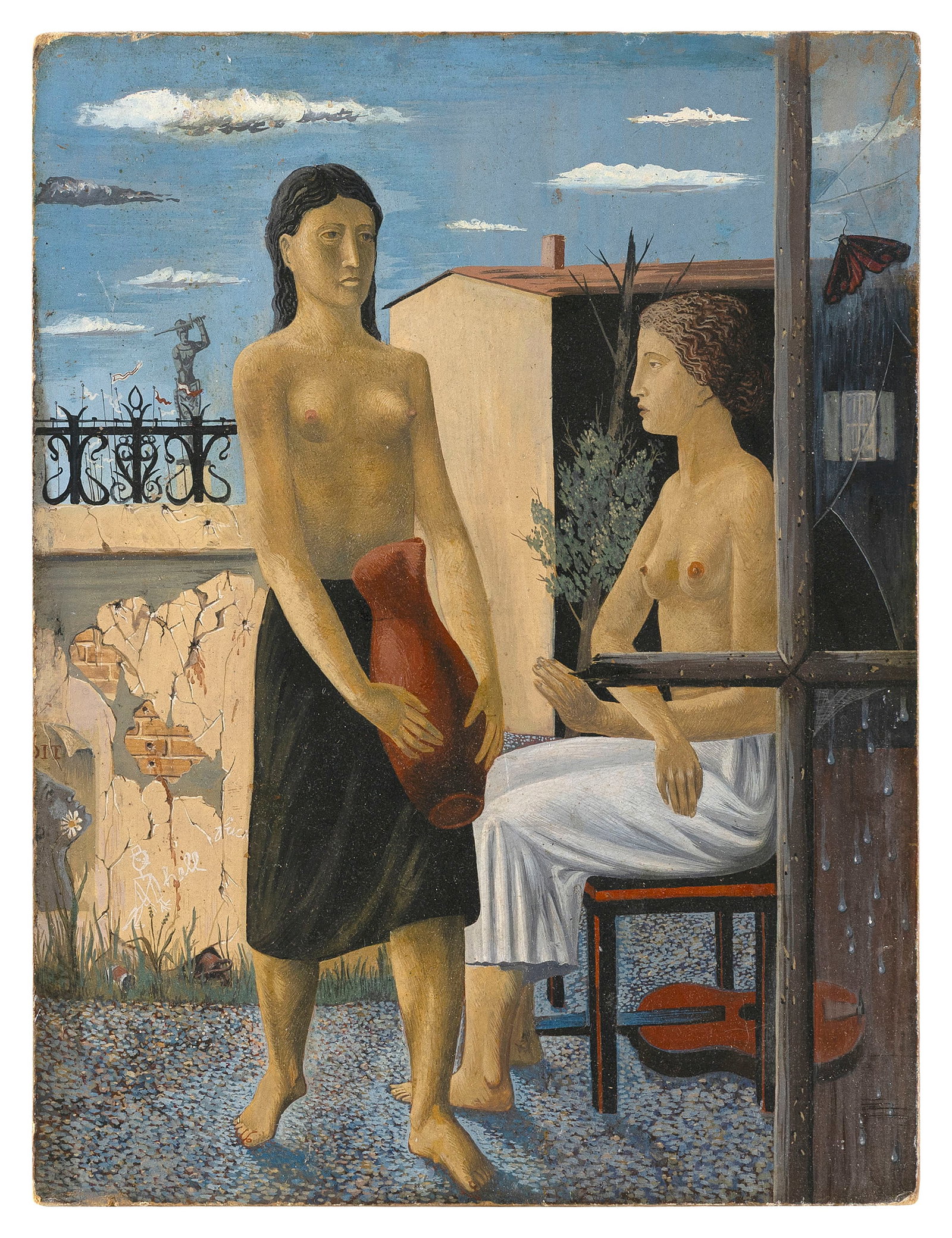 MANNER OF PAUL DELVAUX (Late 20th Century,), Surrealist view of two nudes., Oil on masonite, 13.75": MANNER OF PAUL DELVAUX Late 20th Century Surrealist view of two nudes. Unsigned. Oil on masonite, 13.75" x 10.5". Unframed.