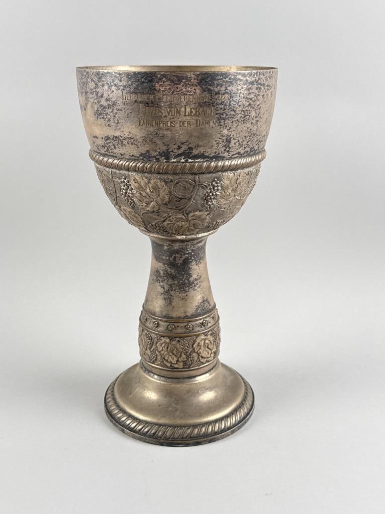 GERMAN SILVER PLATED HORSE RACING TROPHY CUP 19th Century Height 12". Maximum diameter 6.25". (1 of 6)