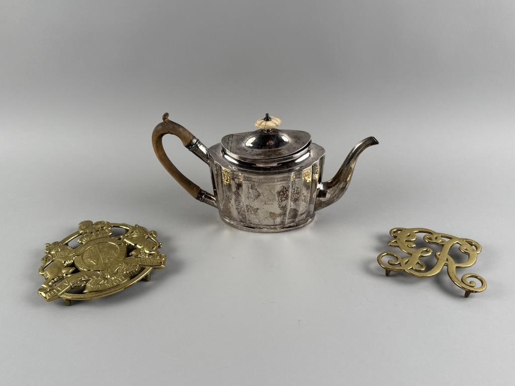 SILVER TEAPOT AND TWO COLONIAL WILLIAMSBURG BRASS TRIVETS 19th Century and 20th Century (1 of 5)