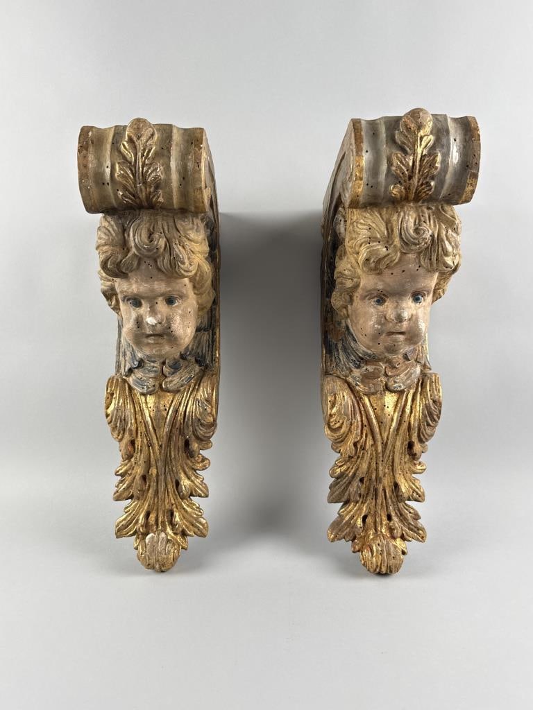 PAIR OF ITALIAN BAROQUE-STYLE CARVED AND POLYCHROMED CHERUBS Late 19th Century Heights 20". (1 of 5)