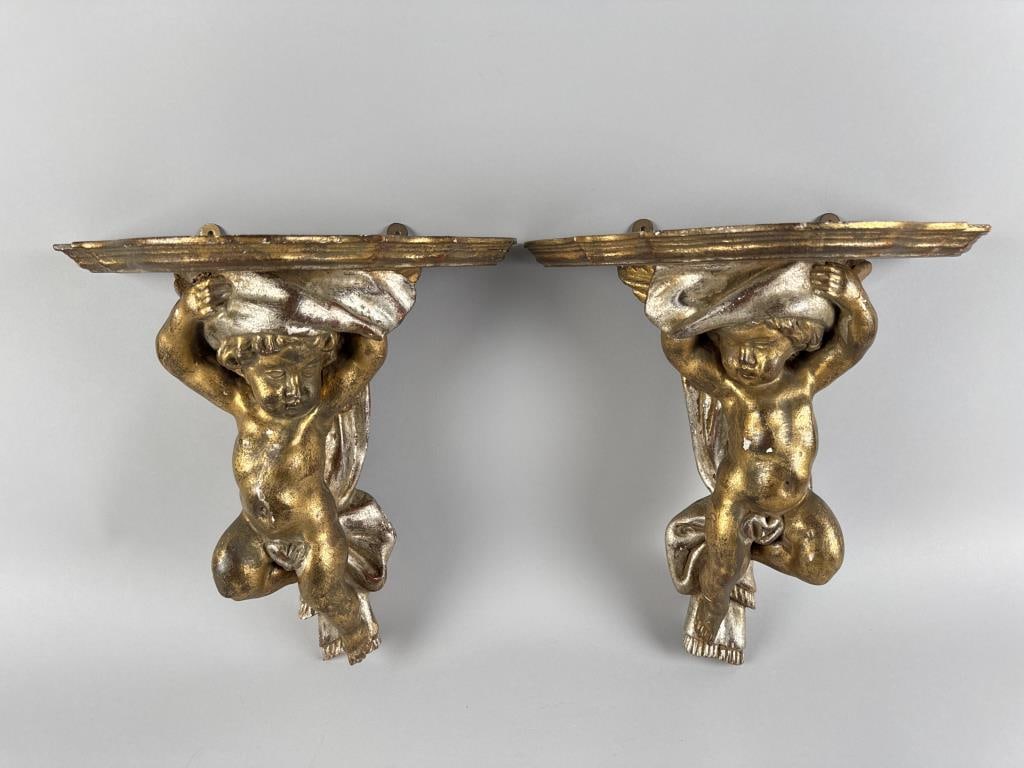 PAIR OF CONTINENTAL GILT CHERUB WALL BRACKETS 20th Century Heights 14". (1 of 4)