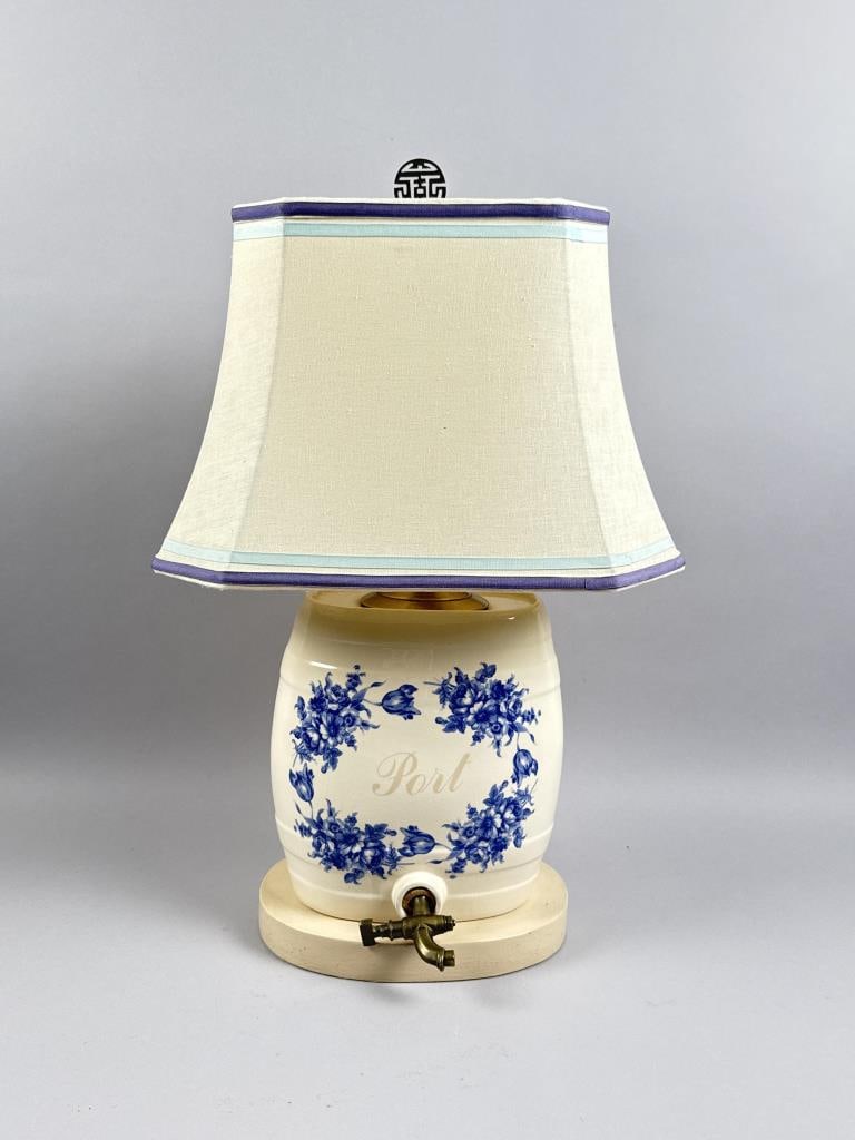 ENGLISH PORCELAIN WINE DISPENSER MOUNTED AS A TABLE LAMP Early 20th Century Total height 30". (1 of 4)