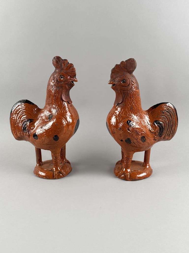 TWO REDWARE POTTERY ROOSTERS Late 19th Century Heights 14". (1 of 5)