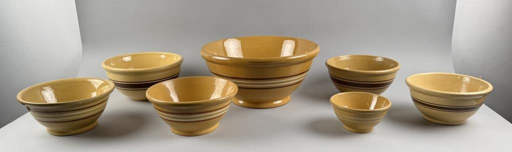 SEVEN YELLOWWARE MIXING BOWLS 19th/20th Century Heights from 3.5" to 6.5". (1 of 3)