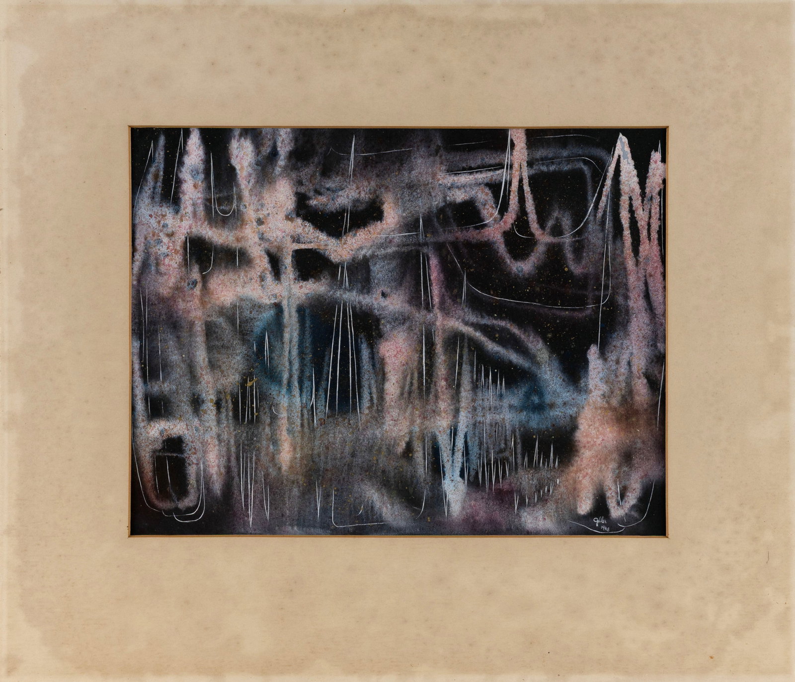 ESTHER GELLER (Massachusetts, 1922-2015), Abstract in pinks and blue on black., Mixed media on (1 of 1)