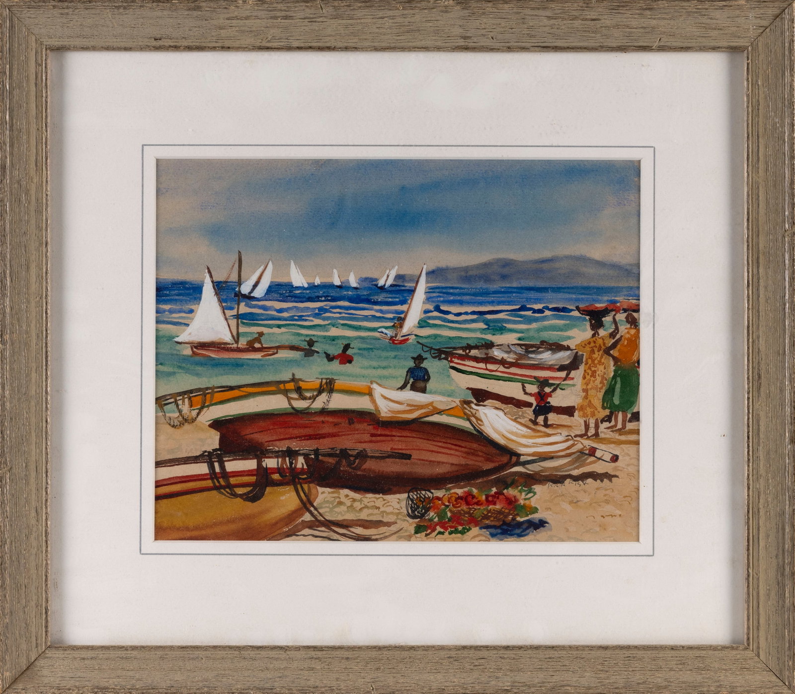 ANN LINDENMUTH FISK (Massachusetts, 1929-2009), Busy shoreline scene with figures and boats.,: ANN LINDENMUTH FISK Massachusetts, 1929-2009 Busy shoreline scene with figures and boats. Signed lower right "Ann Fisk". Watercolor on paper, 10" x 13" sight. Framed 18.5" x 21.5".