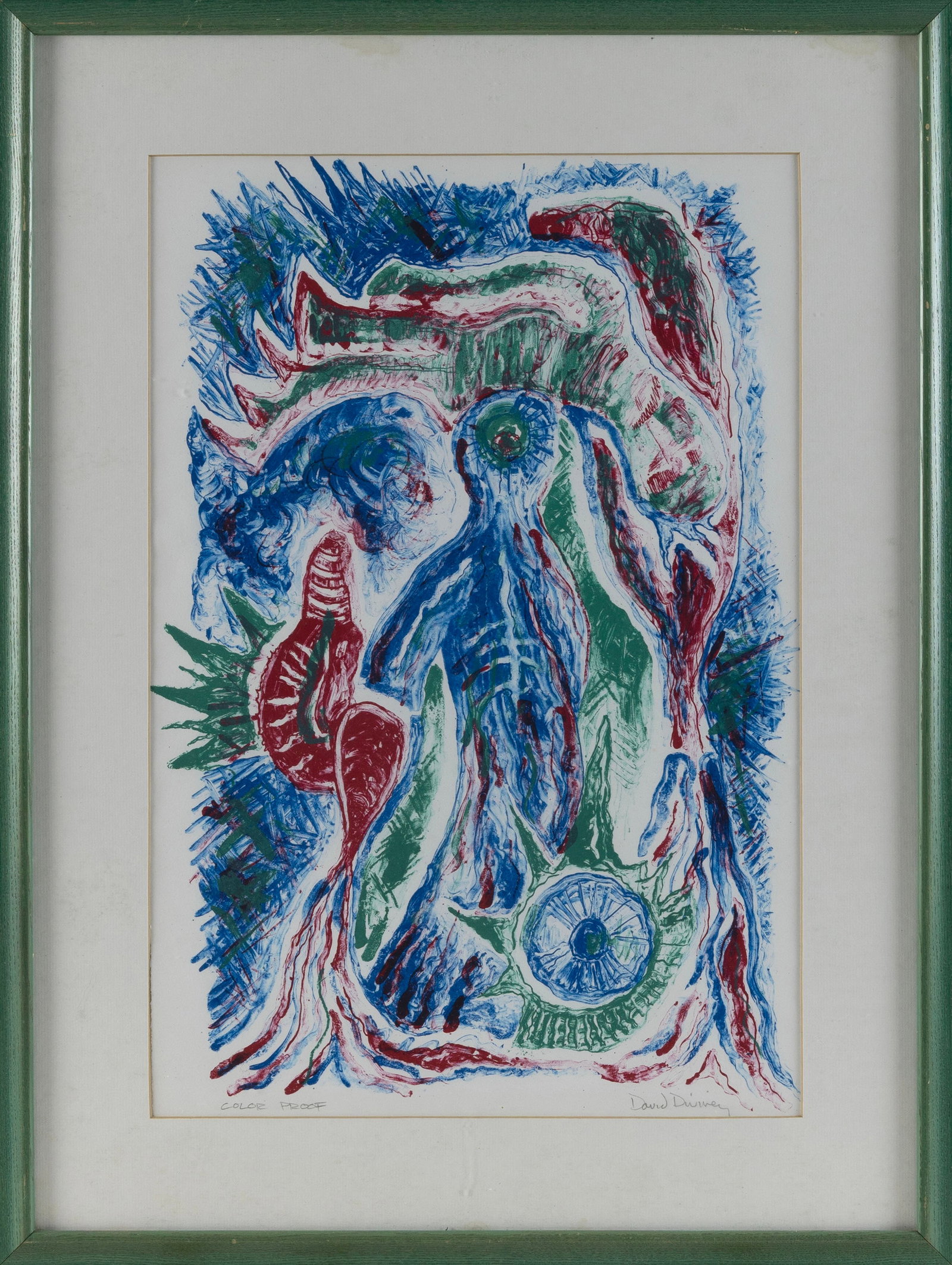 DAVID DIVINEY (Canada, Contemporary), Figural abstract in red, green and blue., Color proof, 19" x (1 of 2)