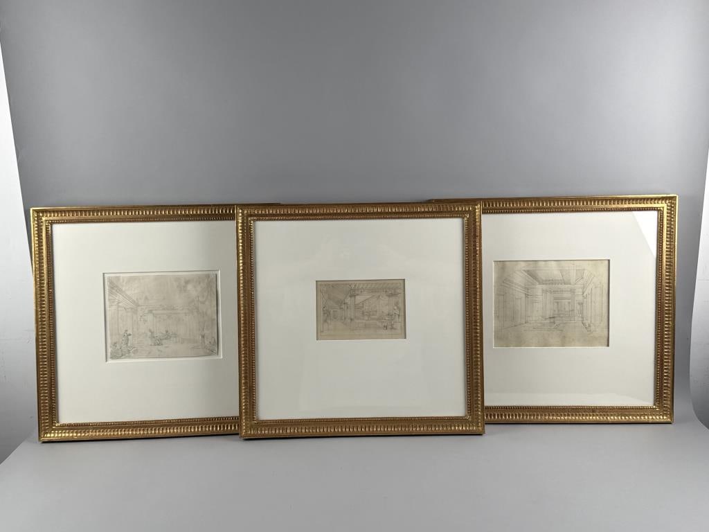 THREE ARCHITECTURAL DRAWINGS Early 20th Century Pencils on paper, 4.5" x 7.5". Framed 18" x 19". (1 of 7)