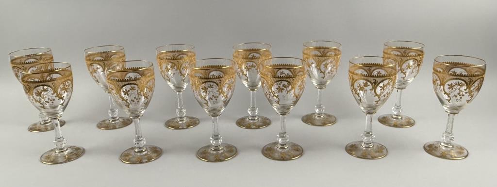 TWELVE GILT CRYSTAL WINEGLASSES 20th Century Heights 7". Diameters 3.25". (1 of 4)