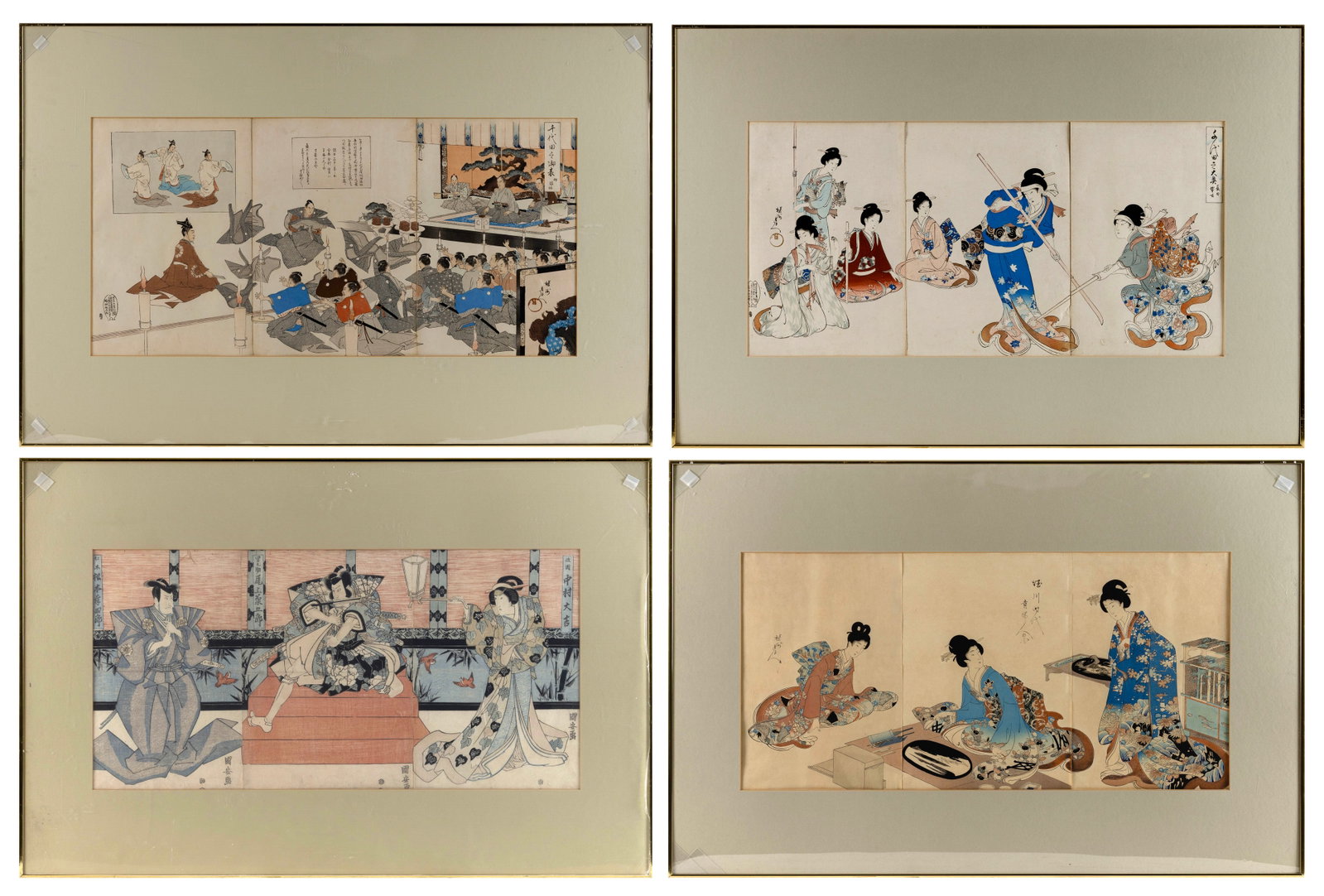 FOUR JAPANESE WOODBLOCK PRINT TRIPTYCHS Edo Period 13" x 27.5" sight. Framed 25" x 37". (1 of 9)
