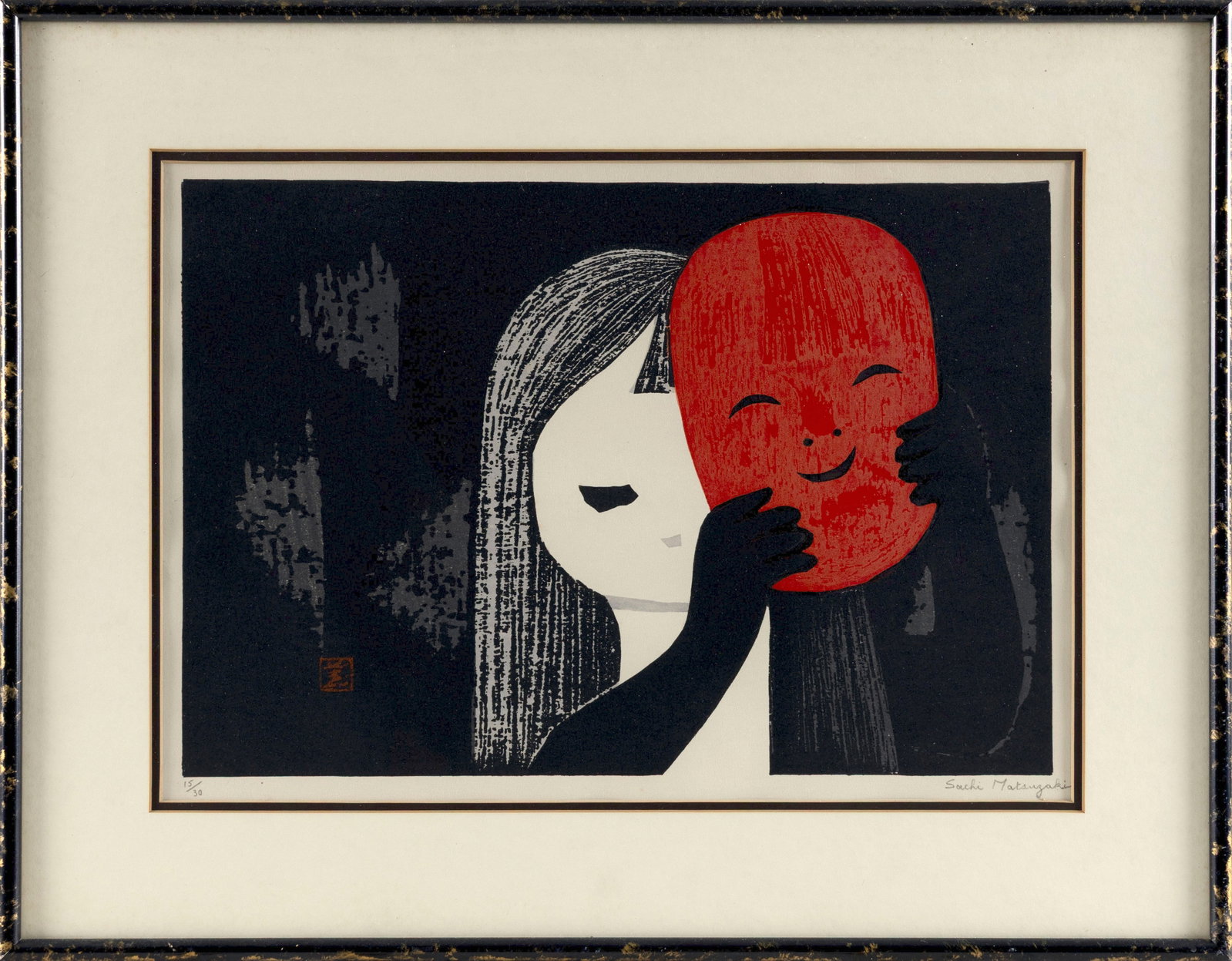 KAORU KAWANO (Japan, 1916-1965), Girl with Red Mask., Woodblock print, 11" x 16" sight. Framed 16.5": KAORU KAWANO Japan, 1916-1965 Girl with Red Mask. Signed "Sachi Masuzaki" and numbered 15/30 lower margin. Woodblock print, 11" x 16" sight. Framed 16.5" x 21".