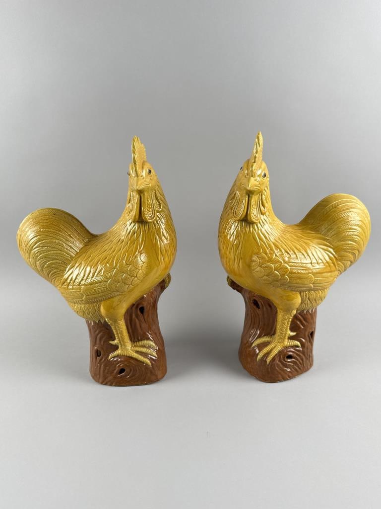 PAIR OF CHINESE POTTERY ROOSTERS 20th Century Heights 15.5". (1 of 5)
