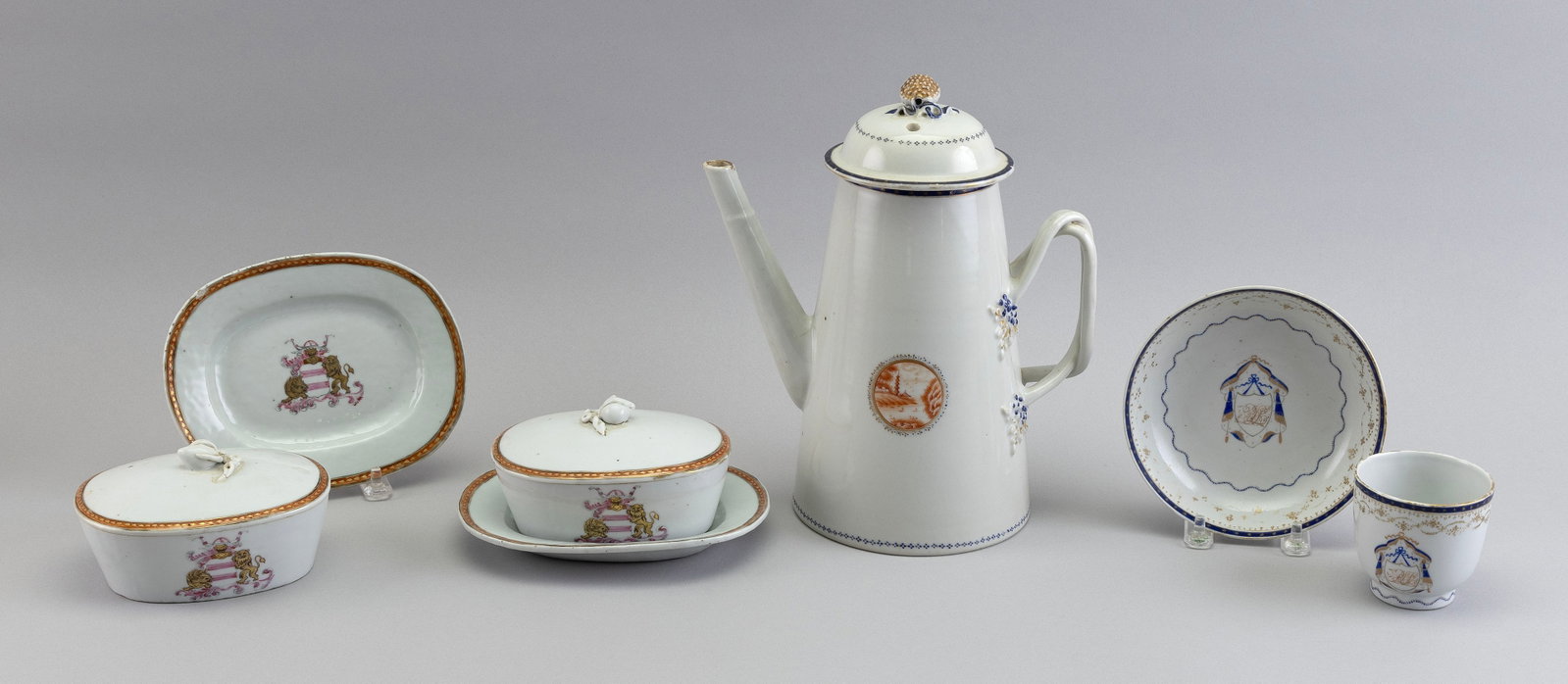 GROUP OF CHINESE EXPORT ARMORIAL PORCELAIN 19th Century Coffeepot height 9.75". Covered dish lengths (1 of 1)