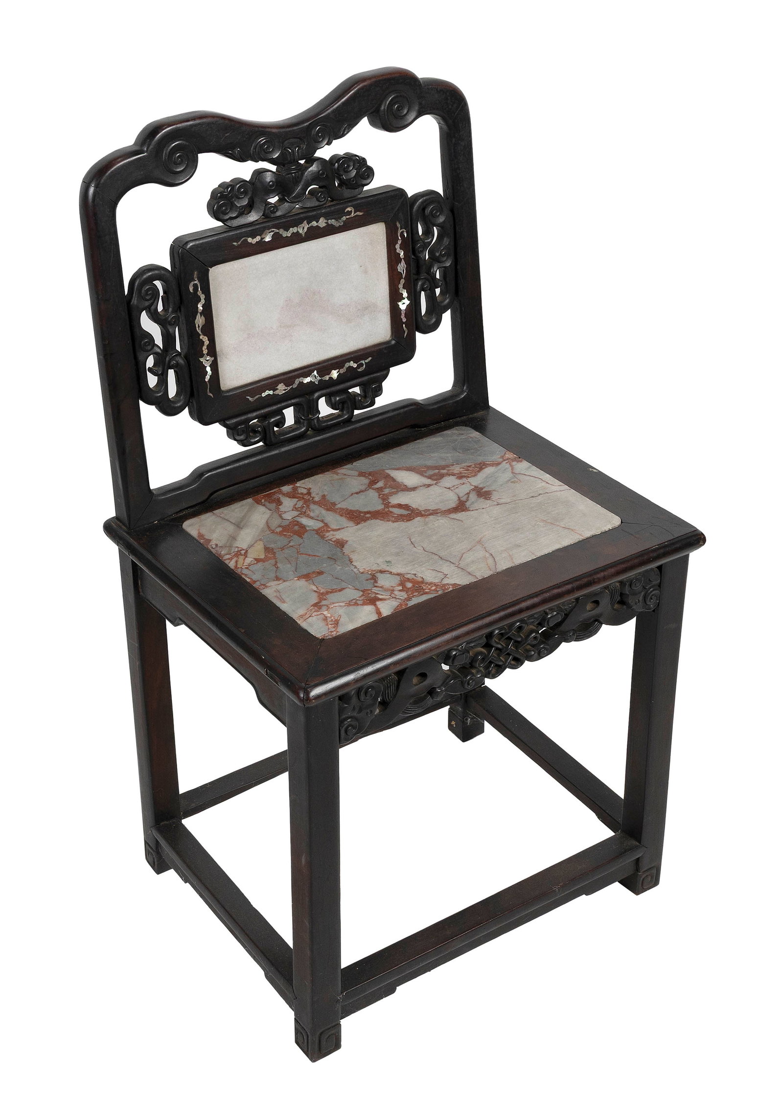 CHINESE CARVED ROSEWOOD AND INSET STONE CHAIR Late 19th Century Back height 37". Seat height 21". (1 of 4)