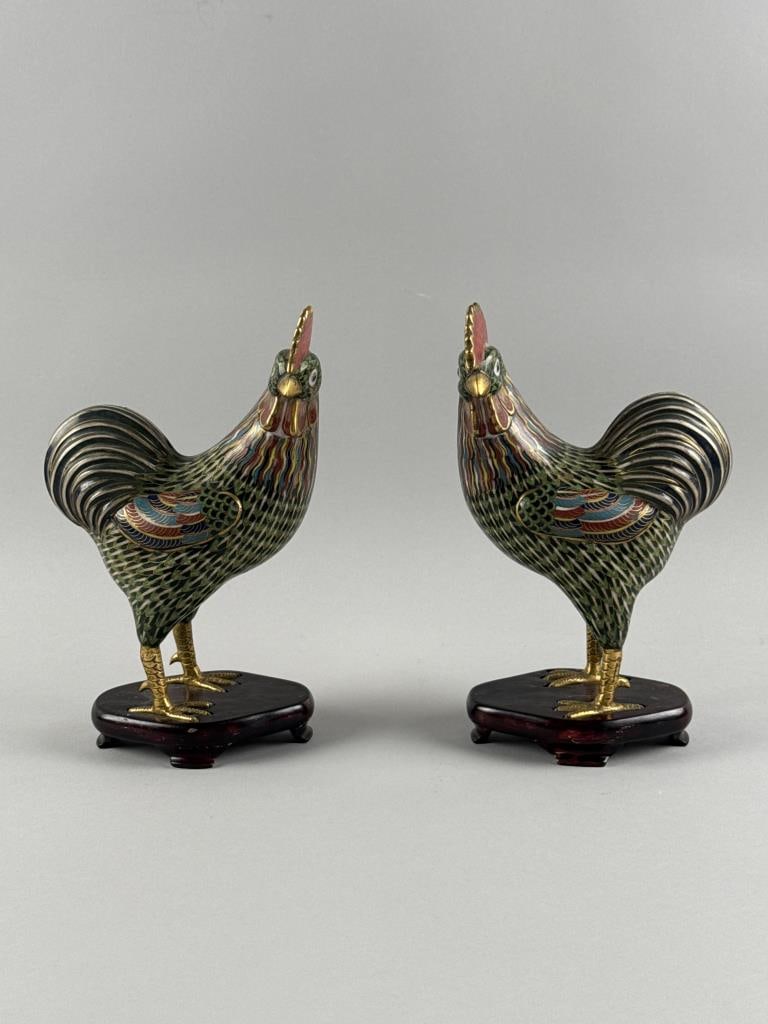 PAIR OF CHINESE CLOISONNE ROOSTERS 20th Century, Heights 10.5". (1 of 5)