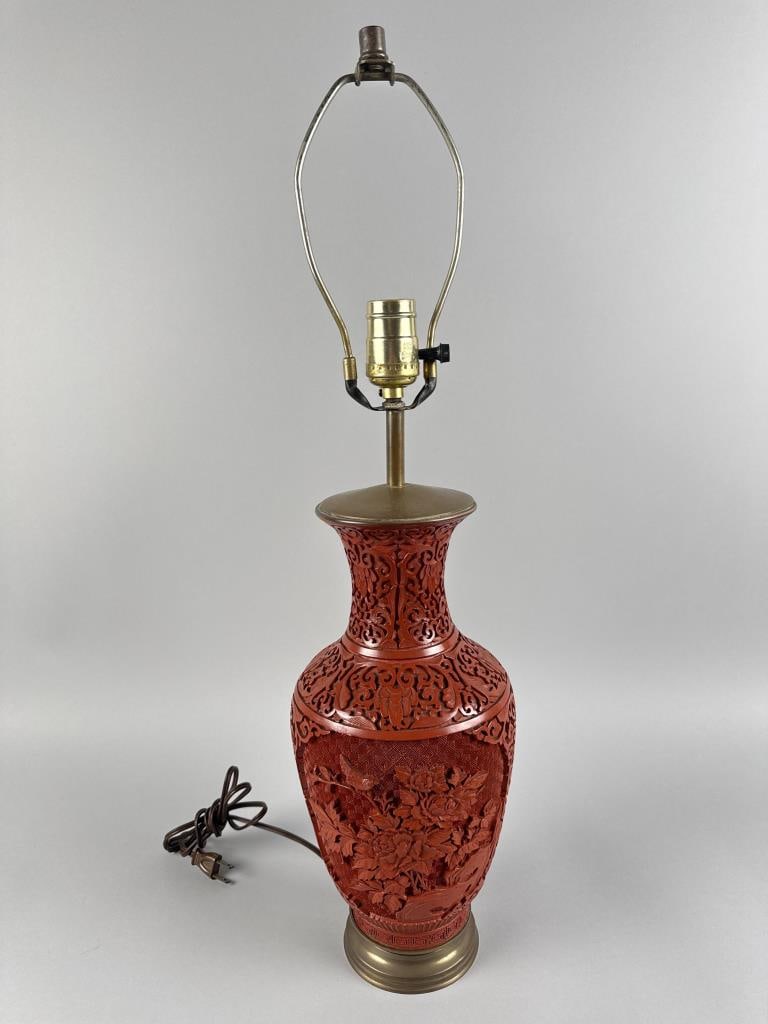 CHINESE CINNABAR VASE MOUNTED AS A TABLE LAMP 20th Century Total height 25.5". (1 of 5)