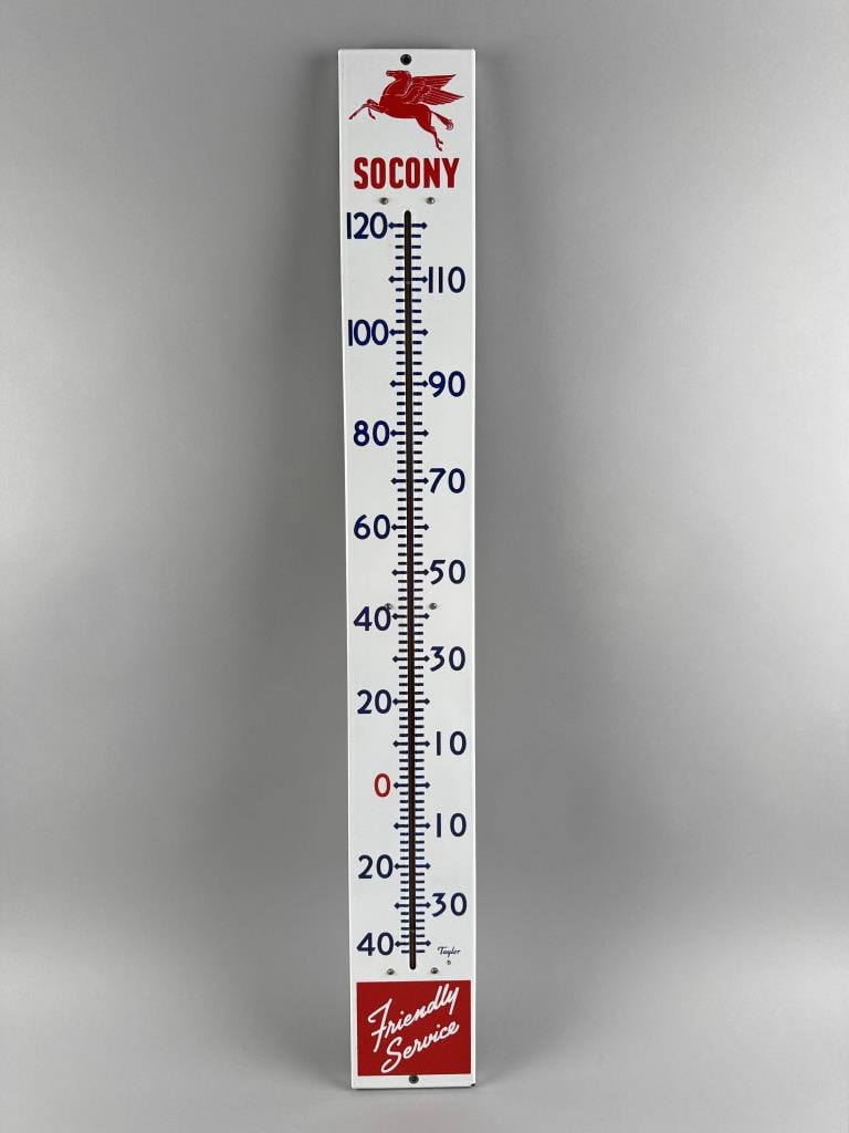 SOCONY ENAMELED PORCELAIN THERMOMETER 20th Century Height 34.75". Width 4.5". Depth 0.75". (1 of 2)