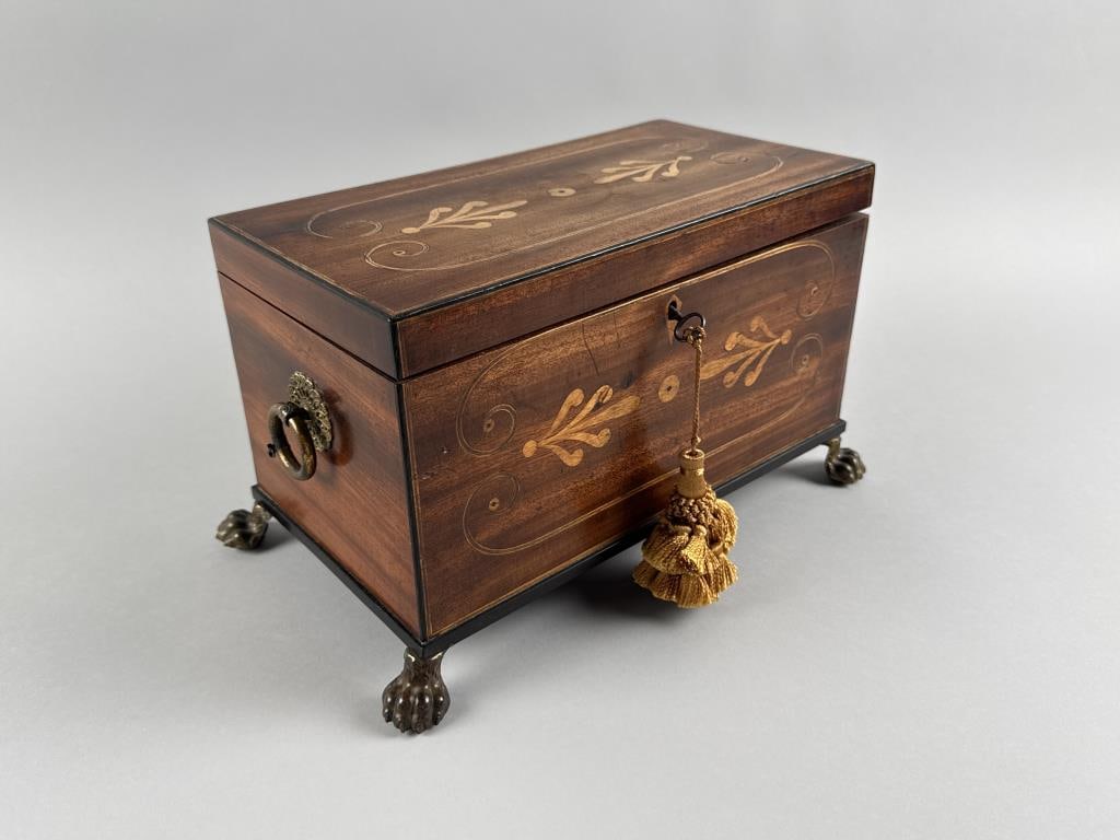 ENGLISH INLAID MAHOGANY TEA CADDY 19th Century Height 7.5". Width 11.5". Depth 6.5". (1 of 4)