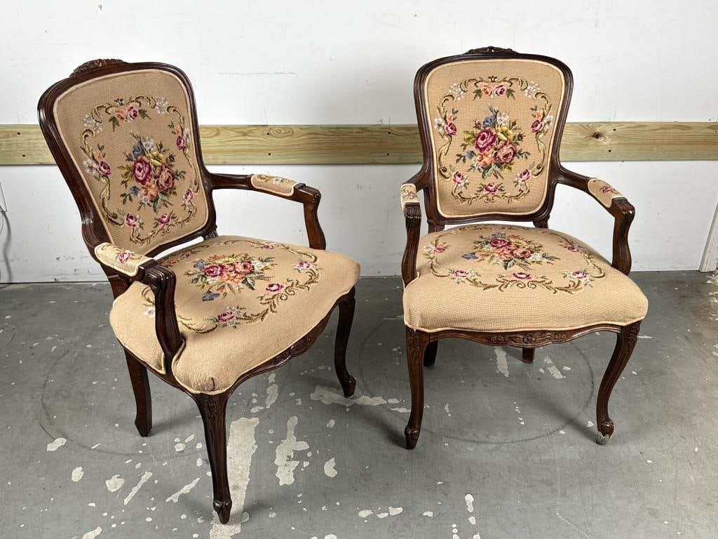 PAIR OF FRENCH-STYLE ARMCHAIRS 20th Century Back heights 48". Seat heights 18". (1 of 4)