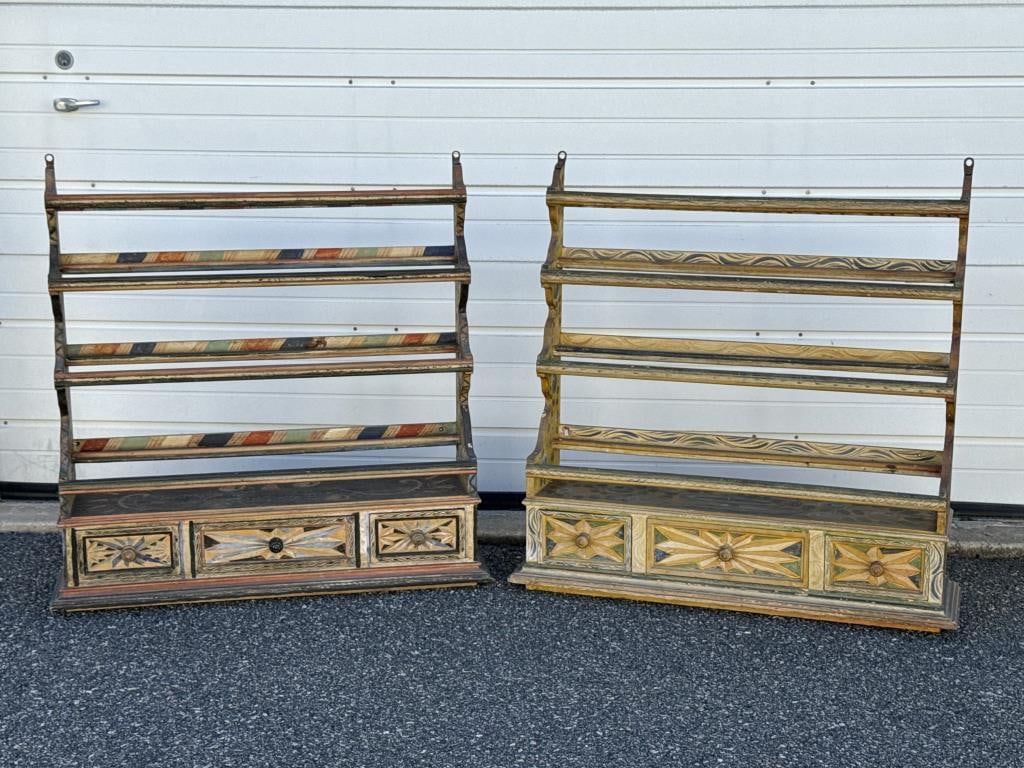 PAIR OF PAINT-DECORATED PINE SHELVES 20th Century Heights 37". Widths 35". Depths 9.5". (1 of 2)