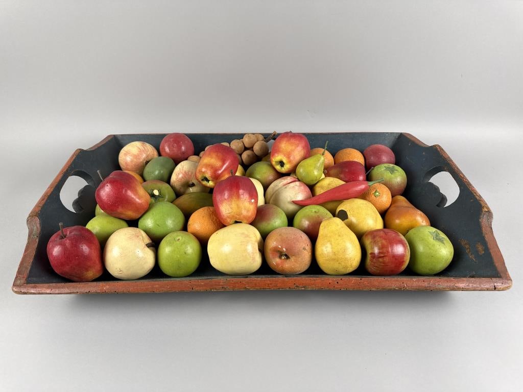 BLUE-PANTED WOODEN TRAY WITH A COLLECTION OF DECORATIVE FRUIT 20th Century Tray length 27". (1 of 3)
