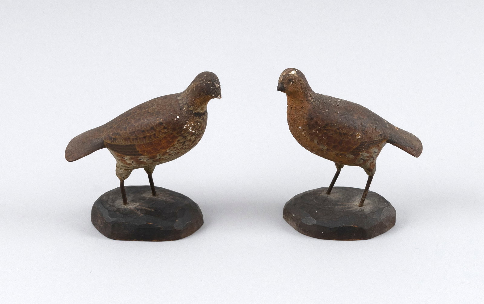 PAIR OF A.J. DITTMAN MINIATURE QUAIL CARVINGS Williamstown, Massachusetts, 1884-1974 Heights 4.5". (1 of 3)