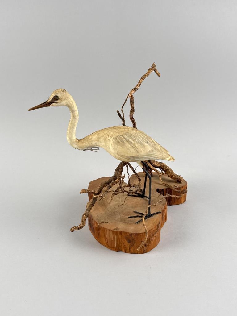 STAN SPARRE MINIATURE EGRET East Falmouth, Massachusetts, 1923-2011 Height 7.25".: STAN SPARRE MINIATURE EGRET East Falmouth, Massachusetts, 1923-2011 Mounted on a wood base. Signed and dated 1974. Height 7.25".