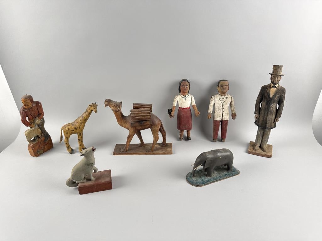 GROUP OF CARVED WOODEN FIGURES AND ANIMALS 20th Century Heights from 4" to 14.5". (1 of 2)