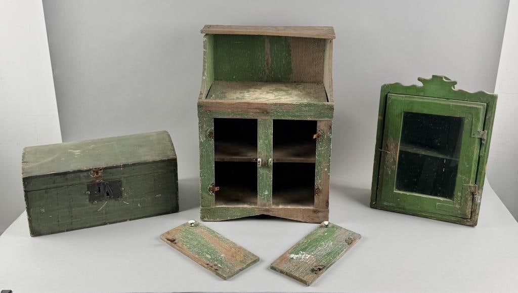 THREE GREEN-PAINTED WOODEN ITEMS 19th/20th Century Heights 8", 14.5" and 19.5". (1 of 7)
