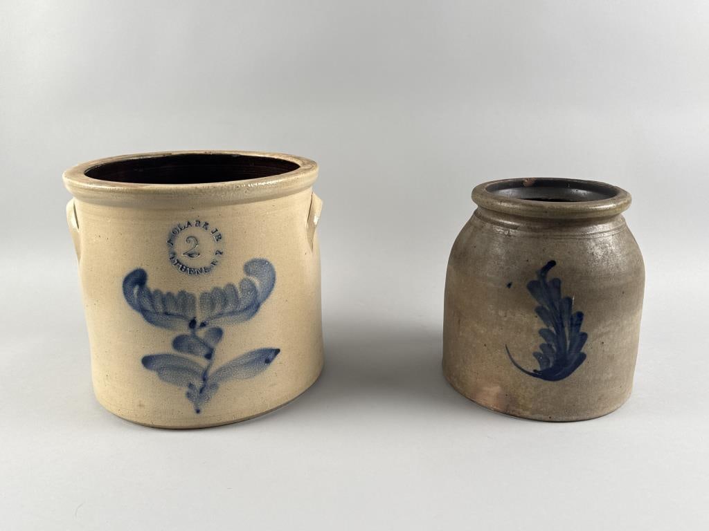 TWO STONEWARE CROCKS 19th Century Heights 9" and 9.5". (1 of 6)