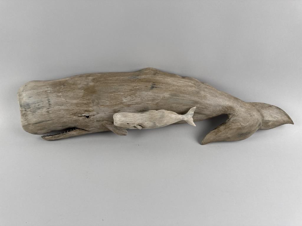 ROGER MITCHELL CARVED SPERM WHALE AND CALF PLAQUE Massachusetts, Contemporary Height 8". Length 25". (1 of 2)