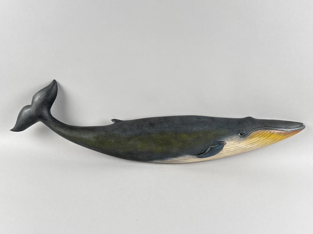 BRIAN MITCHELL CARVED AND PAINTED BLUE WHALE PLAQUE Boone, North Carolina, Contemporary Height 8". (1 of 2)