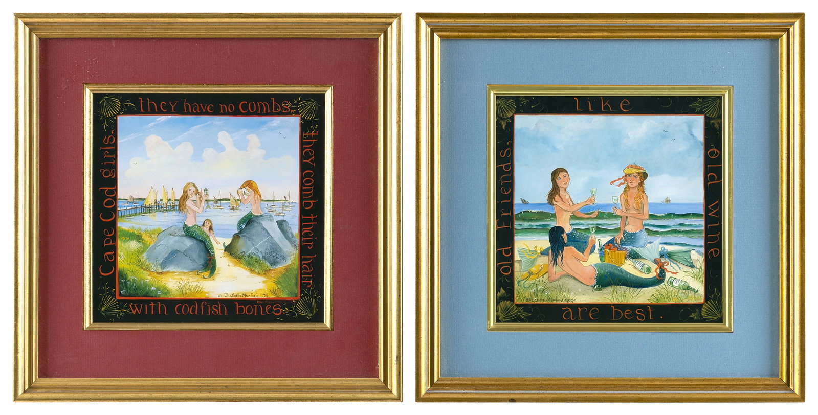 ELIZABETH MUMFORD (Massachusetts, 1950-2020), Two mermaid scenes:, Color photolithographs, 8" x 8" (1 of 2)