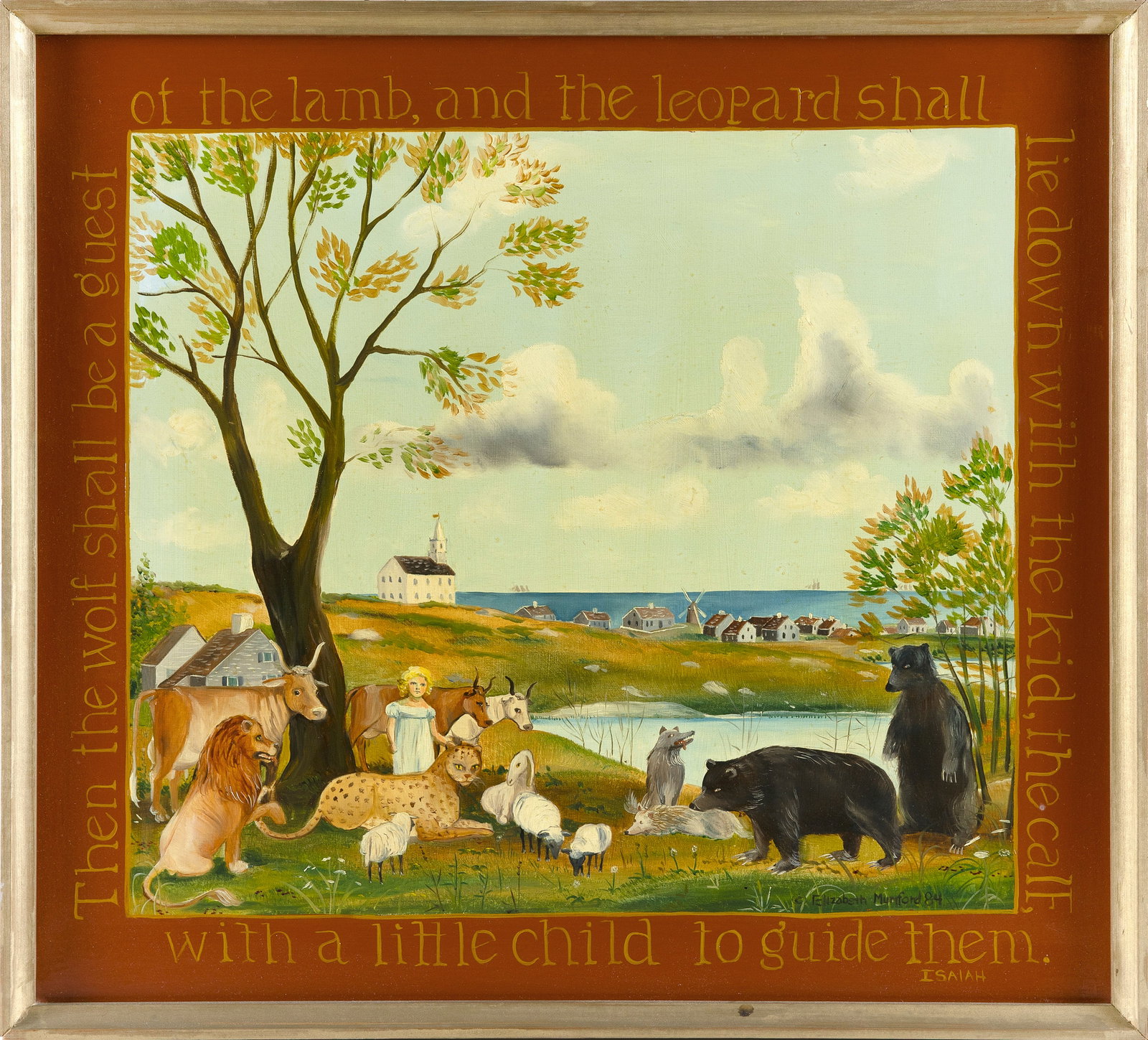 ELIZABETH MUMFORD (Massachusetts, 1950-2020), Peaceable kingdom., Oil on board, 19.5" x 21.5". (1 of 2)