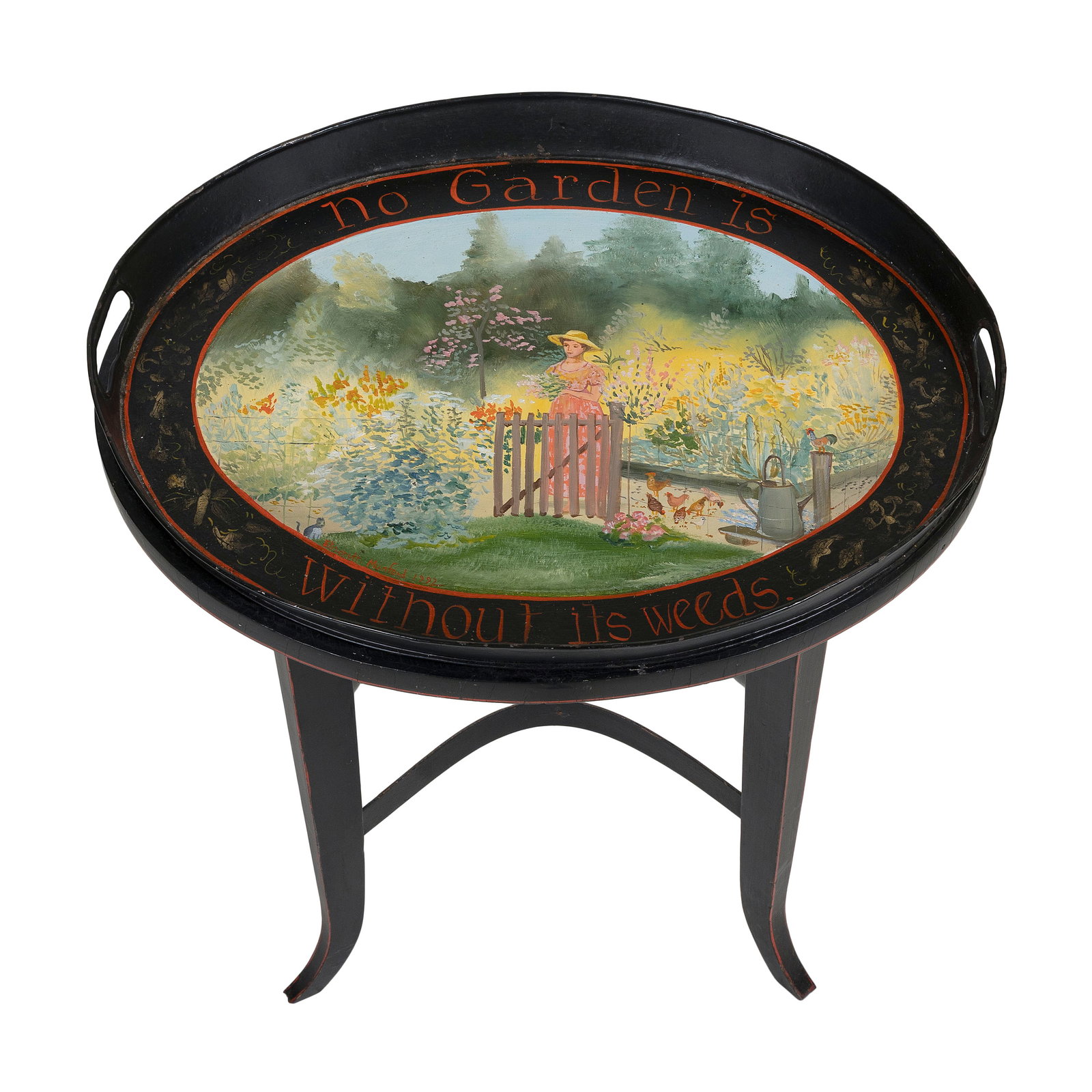 ELIZABETH MUMFORD (Massachusetts, 1950-2020), Painted metal tray "No Garden is Without Its Weeds"., (1 of 1)