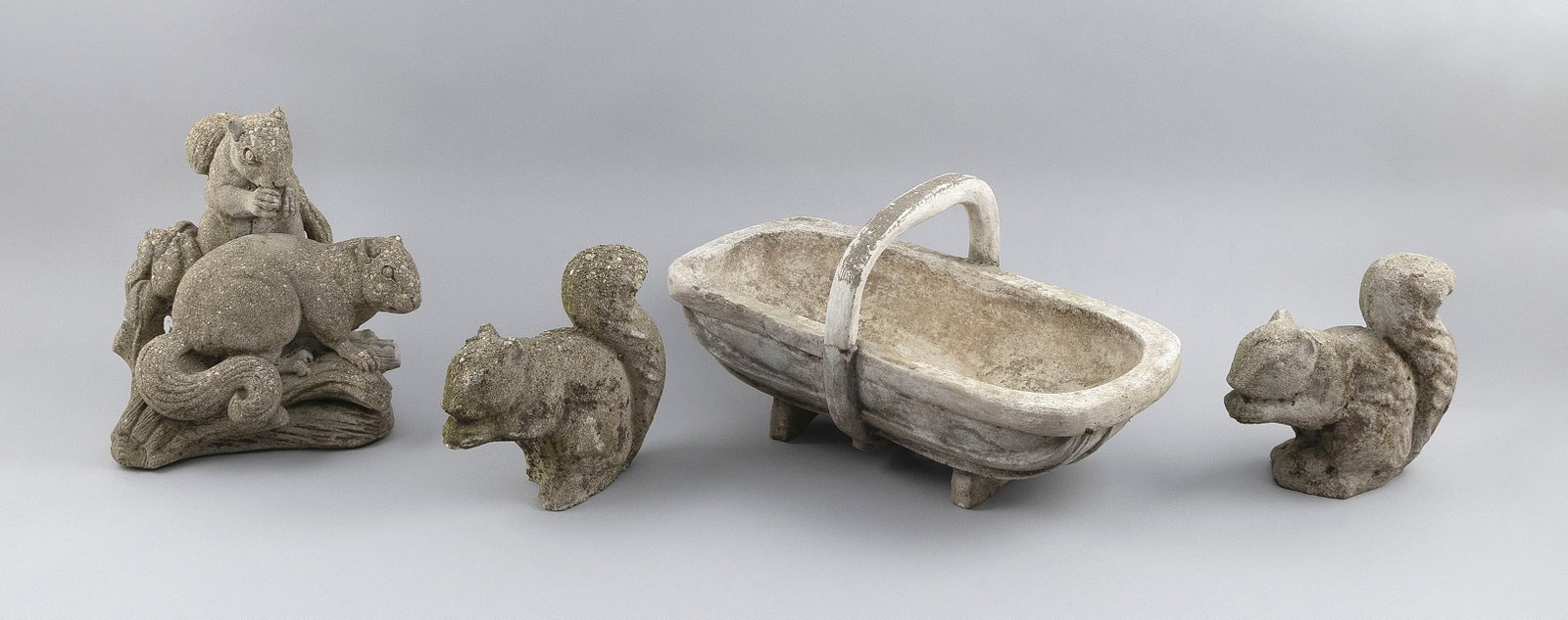 FOUR CEMENT GARDEN SCULPTURES 20th Century Basket length 10". (1 of 2)