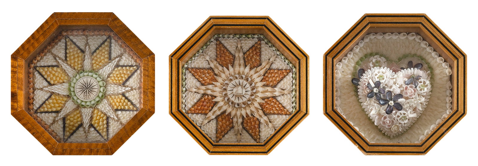 SANDY MORAN (Massachusetts, 1944-2020), Three sailor's valentines composed of multicolored shells., (1 of 2)