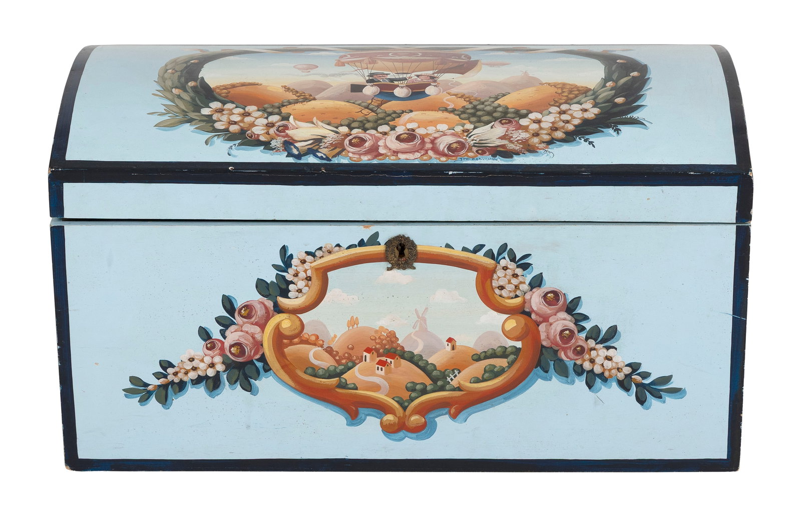 JMF ROBUCHON PAINT-DECORATED DOME-TOP TRUNK 20th Century Height 16". Width 29.5". Depth 16". (1 of 1)